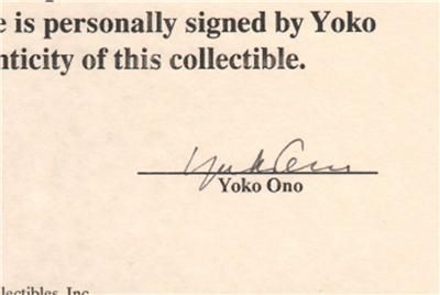 Yoko Ono Hand Signed Autographed Document  