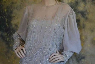 vtg 60s 70s DISCO era PEWTER grey EVENING GOWN dress L  