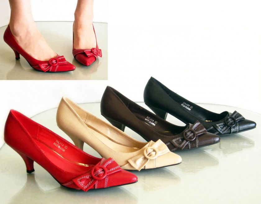 New Comfy Low Med Heels Pointed Closed Toe Pumps Bow Red Beige Brown 