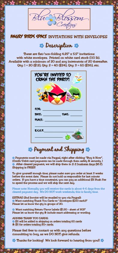 20ct Angry Birds Birthday Party Invitations  