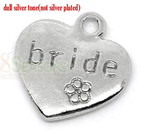 20 Silver Tone Bride Heart Wedding Charms Pendants  
