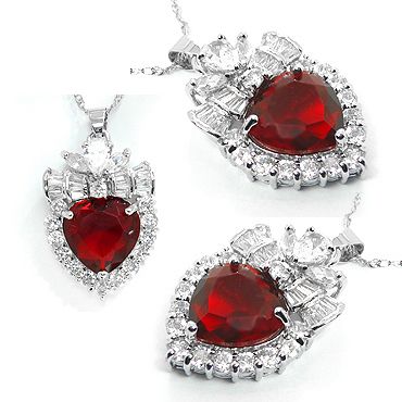   JEWELRY HEART CUT RED RUBY 18K WHITE GOLD GP PENDANT NECKLACE  